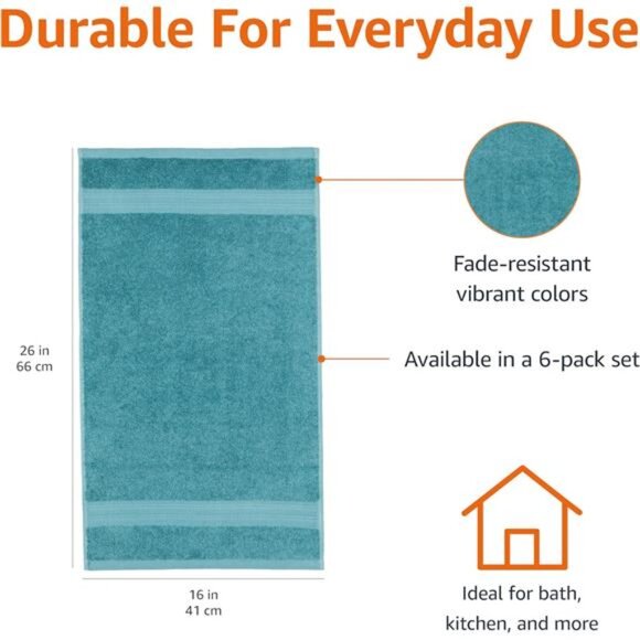 Cotton Hand Towels 6 Pack Fade Resistant Soft Absorbent Bath Kitchen Teal Green - Picture 3 of 8